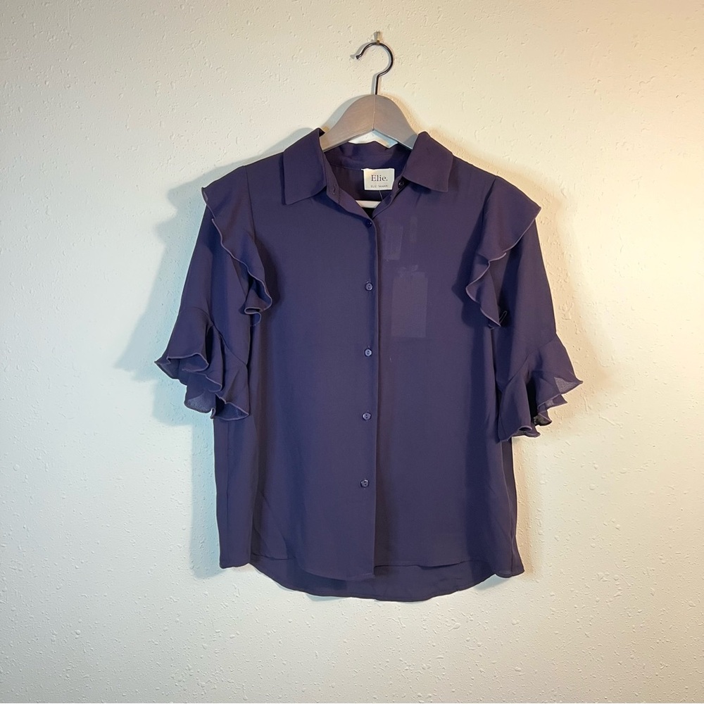 Elie Tahari Ruffle Short Sleeve Button Up Purple Top Size Small NWT